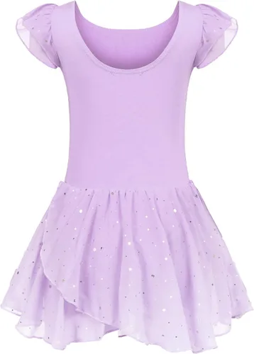 Vista 6 de Arshiner - Vestido de baile de ballet con mangas con volantes, leotardo de tutú con ruedo para niñas Lila