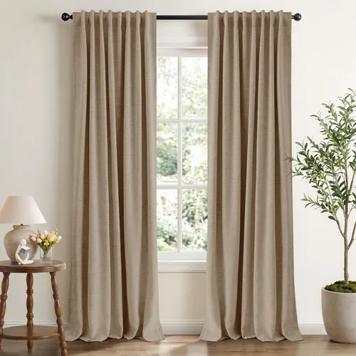 Vista 34 de INOVADAY Cortinas 100% opacas de 63 pulgadas de largo, juego de 2 paneles de lino con pestaña trasera, bolsillo para barra, cortinas opacas