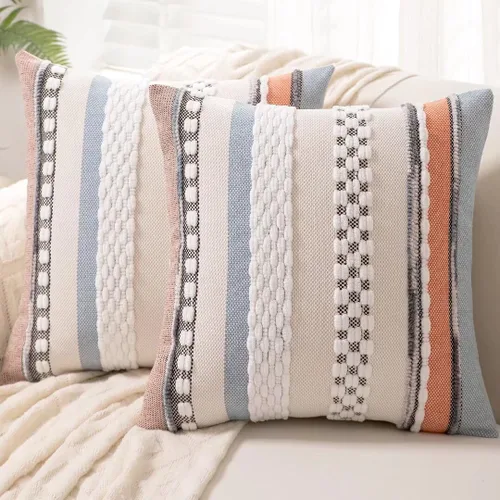 Vista 7 de Fundas de almohada decorativas estilo bohemio de 18x18, juego de 2, para sofá, cama, fundas de cojín cuadradas a rayas para granja, fundas