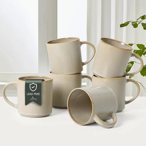 Vista 8 de MONITO - Juego de 4 tazas de café de 16 onzas, juego de tazas de café rústicas de cerámica con asa Vintage Striped Stoneware Large Coffee Mugs for