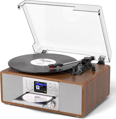 Vista 15 de Reproductor de discos multimedia 10 en 1 con altavoces, reproductor de CD, receptor Bluetooth, radio por Internet, grabación USB, tocadiscos de 3