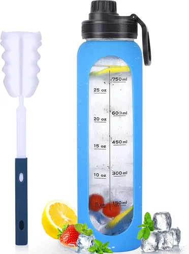 Vista 10 de Botellas de agua de vidrio de 32 onzas con funda de silicona, botellas de hidratación reutilizables de borosilicato de boca ancha, botella de agua