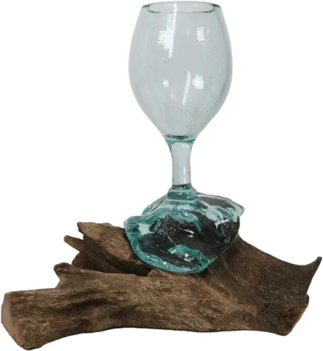 Vista 5 de Ebros Gift Handicraft Balinesa hecha a mano de madera natural de raíz gamal con cáliz de copa de vino fundida soplada a mano como vasos de aire