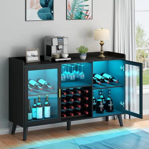 Vista 8 de Auromie Armario de bar de vinos con luz LED, gabinete de café para el hogar con estante para vino y vidrio, aparador de cocina con estantes de Negro
