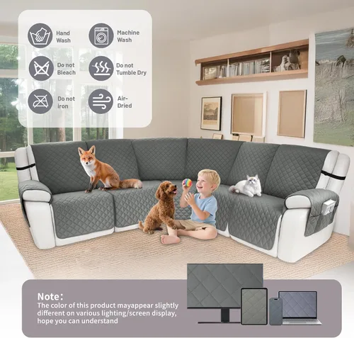Vista 7 de Fundas impermeables para sofá seccional reclinable, fundas para sofá seccional reclinable en forma de L, 7 piezas, antideslizantes, lavables, juego