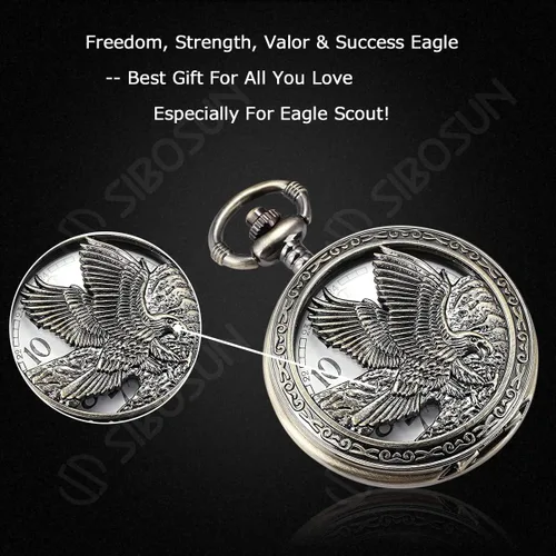 Vista 2 de SIBOSUN Eagle Design - Reloj de bolsillo con cadena, reloj de bolsillo antiguo, movimiento de cuarzo, reloj Qocket para hombre, esfera de números