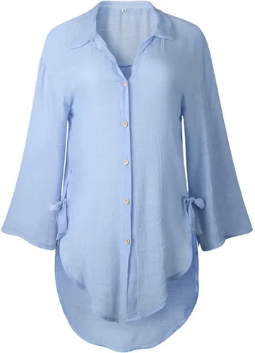 Vista 33 de Camisas de manga larga con botones para mujer, asimétricas, casuales, con cordones, túnica de gran
