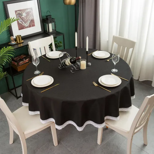 Vista 3 de EHouseHome Mantel de lino sintético con ribete de encaje, impermeable, a prueba de derrames, resistente a las manchas, sin arrugas, a prueba de Negro
