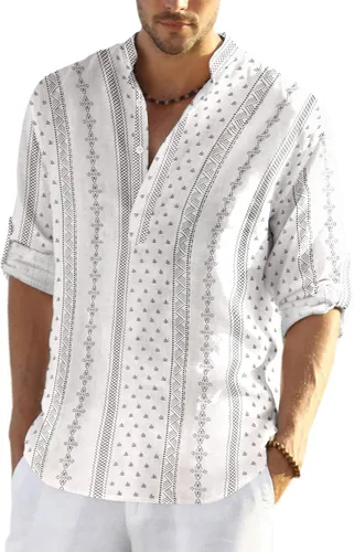 Vista 15 de COOFANDY Camiseta Henley de algodón y lino para hombre, de manga larga, estilo hippie, casual, playera