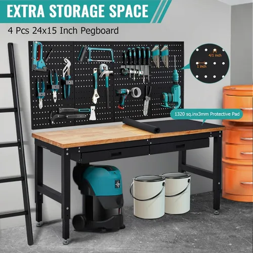 Vista 5 de Mesa de trabajo ajustable de 60 pulgadas, banco de trabajo de madera de goma de 3000 libras, mesa de trabajo resistente con 2 cajones y tablero