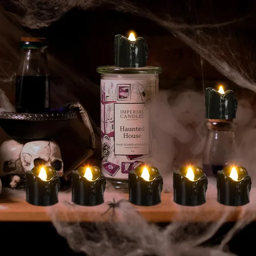Vista 7 de 24 velas de decoración de Halloween para interiores, velas de té negra: velas LED sin llama, funciona con pilas, decoración de mesa con telarañas