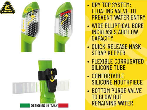 Vista 4 de Cressi Adult Diving Dry Snorkel with Splash Guard and Top Valve - Supernova Dry: Designed in Italy