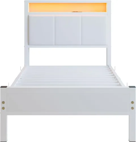 Vista 5 de Base de cama individual con estación de carga y luces LED, cabecera tapizada con estantes de almacenamiento, listones de metal resistentes,