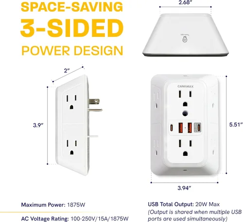 Vista 7 de Extensor de toma de pared de enchufe múltiple, divisor de 6 salidas y 4 puertos USB con carga rápida PD USB-C de 20 W, luz nocturna inteligente