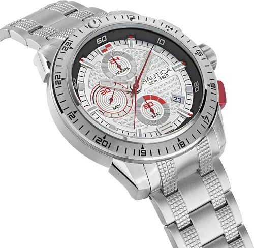 Vista 3 de Nautica Correa de acero inoxidable de cuarzo para hombre, plata, reloj casual 24 (Modelo NAPNSF113), Plateado