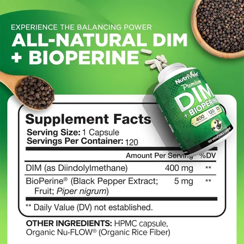 Vista 2 de Nutrivein Suplemento DIM Premium de 400 mg al día - 120 porciones (120 cápsulas): Diindolilmetano para mujeres y hombres - Más Bioperine
