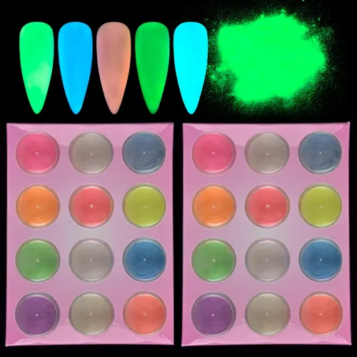 Vista 6 de Polvo que brilla en la oscuridad, 24 frascos de pigmento luminoso en polvo de fluorescencia nocturna, 12 colores, resina epoxi luminosa, polvo de 24