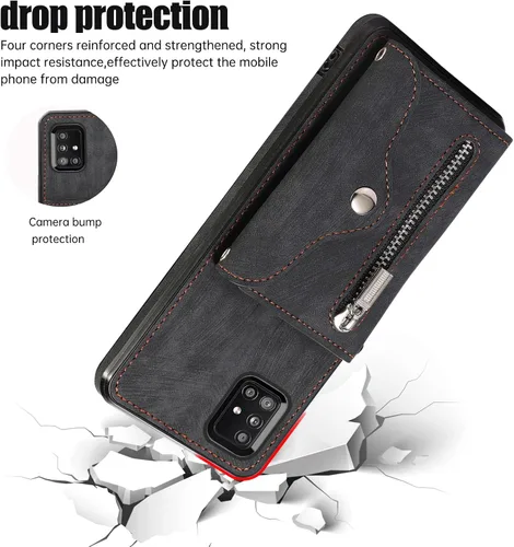 Vista 7 de Funda para teléfono Samsung Galaxy A71 5G con protector de pantalla de vidrio templado y correa cruzada para la muñeca, cordón para tarjeta de Negro