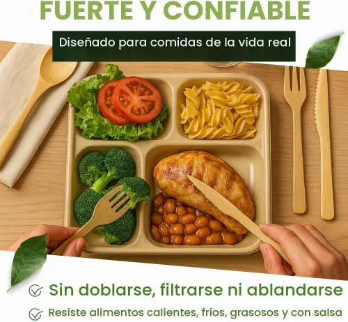 Vista 4 de Dtocs Platos de compartimento desechables (40 piezas) 4 porciones, bandejas seccionales resistentes de fibra de bambú para campamento, catering