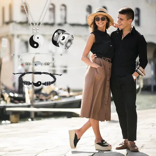 Vista 5 de Peutlhomy Juego de 6 piezas de collar Yin Yang a juego para mujer, collares Yin y Yang, pulseras Yin Yang Tai Chi anillo para amistad, novio, novia