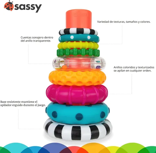 Vista 3 de Anillo de apilado de pilas de círculos de Sassy, juguete de aprendizaje STEM, a partir de 6 meses, multicolor, juego de 9 piezas