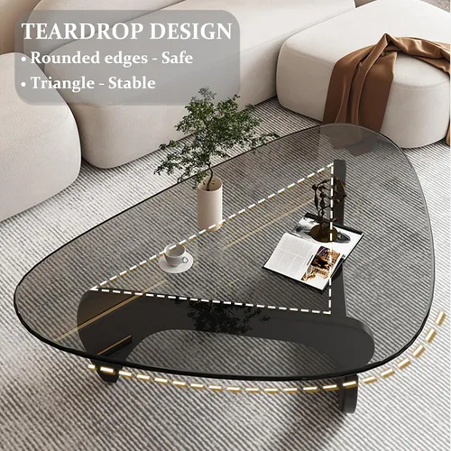 Vista 6 de Mesa auxiliar – Mesa de centro triangular de vidrio con base de madera maciza, diseño minimalista moderno de mediados de siglo, mesa auxiliar