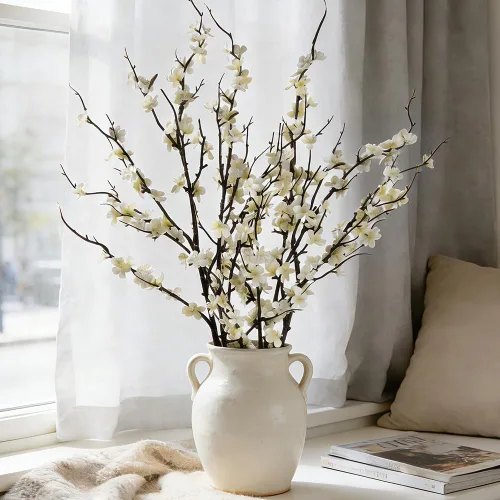 Vista 12 de LESING 4 tallos artificiales de flor de cerezo de 41.4 pulgadas, tallos largos realistas de seda falsa, ramas de flores artificiales para mesa