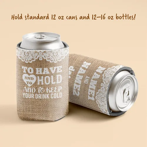 Vista 3 de Enfriadores de latas de boda rústicos personalizados - Diseño de arpillera "To Have and To Hold" - Personalizado con nombres y fecha - Juego de 25