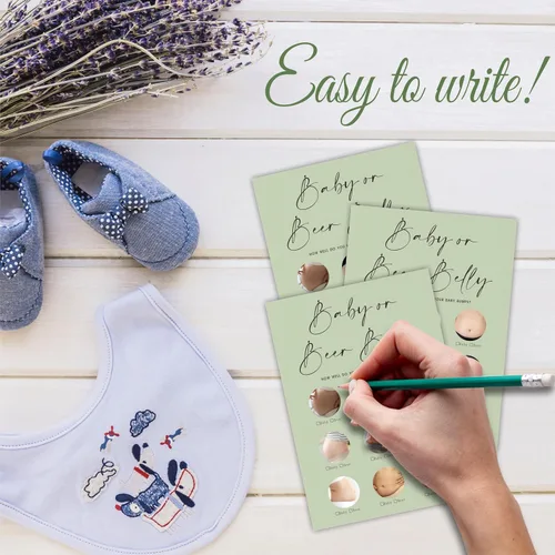 Vista 4 de 30 tarjetas de juego minimalistas verdes para baby shower con tarjeta de respuesta, juego de vientre de bebé o cerveza, juegos de baby shower