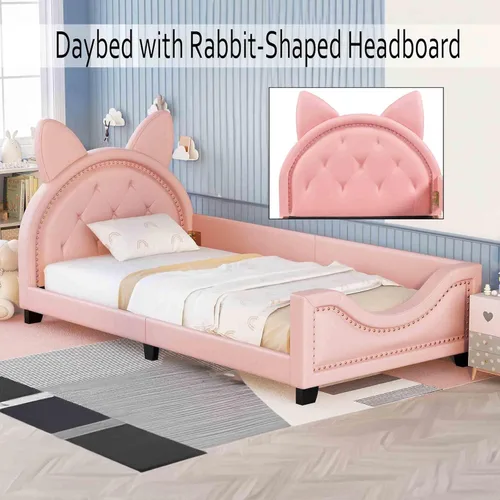 Vista 3 de Sofá cama con cabecero, cámaras en forma de conejo, base de cama de madera con plataforma individual para niñas y niños, bonito sofá cama tapizado