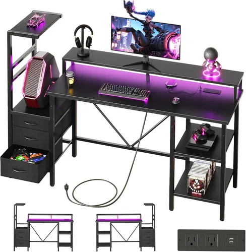 Vista 79 de Mericonia Escritorio para juegos de 52 pulgadas con cajones, escritorio reversible para computadora, color negro