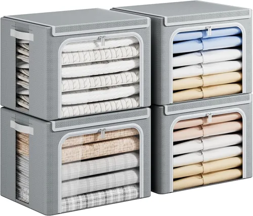 Vista 12 de Yecaye Cajas de Almacenamiento de Ropa con Marco de Metal, Caja de Almacenamiento de Ropa Plegable con Tapa, Caja Organizadora Apilable de Tela