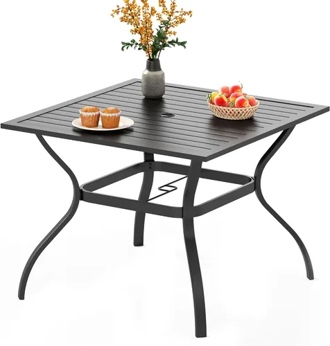 Vista 11 de MFSTUDIO Mesa de comedor al aire libre cuadrada de 60" de metal, mesa grande de patio con 8 plazas y agujero ajustable para sombrilla para terraza