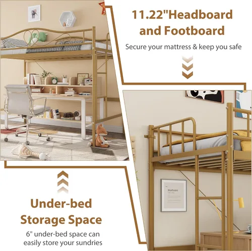 Vista 4 de Cama tipo loft individual con escalera ajustable y barandilla de seguridad completa, cama tipo loft, marco de metal resistente de 400 libras