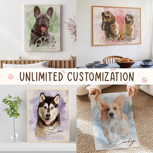 Vista 3 de 39HABORA Póster de lienzo personalizado con retrato de mascota a partir de foto, pintura en acuarela, arte de pared personalizado con retrato