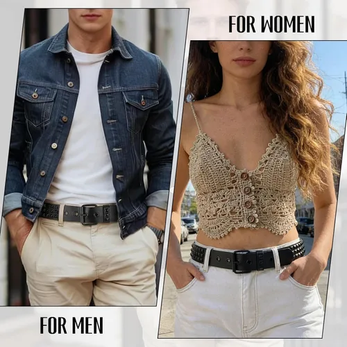 Vista 3 de WHIPPY Mujeres Hombres Remache Cinturón Pyramid Square Bead PU Cuero Punk Rock Ojal Cinturón para Jeans Negro