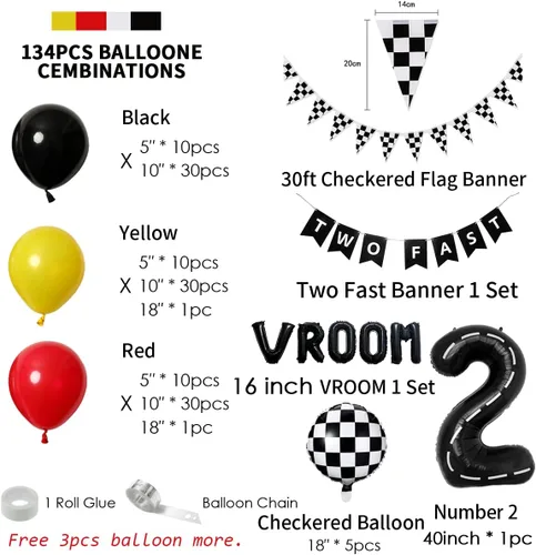 Vista 3 de 134 piezas Suministros de decoración de fiesta de cumpleaños de coche de carreras para niños - Globos de temática de carreras de cumpleaños Globos