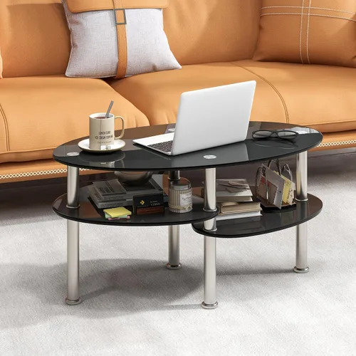Vista 2 de Giantex Mesa de centro ovalada de vidrio templado transparente de 3 niveles con patas cromadas resistentes, mesa auxiliar de sofá pequeña, mesa