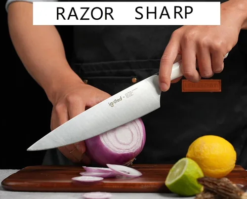 Vista 3 de Juego de cuchillos de chef de 3 piezas, acero inoxidable alemán, mango ergonómico blanco marfil, juego de cuchillos de cocina de diseño de espiga