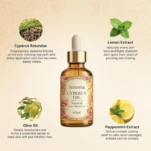 Vista 6 de Aceite Renovia Cyperus Rotundus, aceite natural para depilación para reducir la apariencia de vello corporal no deseado, hidratante y calmante