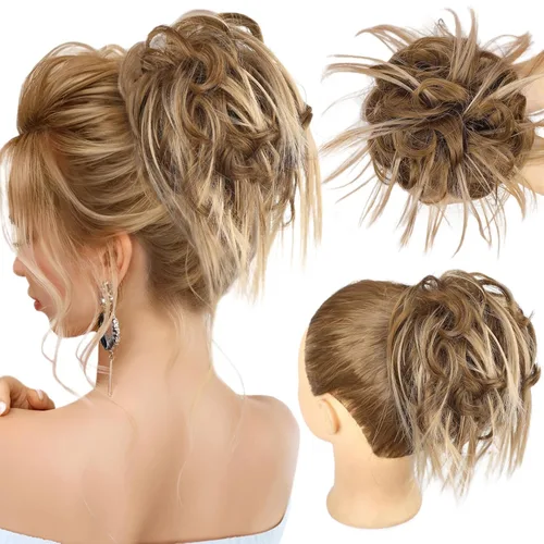 Vista 24 de HMD - Extensiones de cabello tipo chongo alborotado con rodelo despeinado, banda elástica de goma, extensiones de cabello sintético para mujer