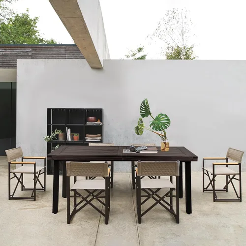 Vista 5 de Mesa de comedor Flamaker para 6 personas de madera de acacia FSC para interior y exterior, mesa de cocina del hogar con patas de hierro, mesa grande