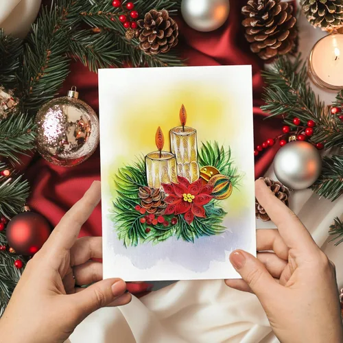 Vista 2 de Tarjeta de Navidad con velas, tarjeta de felicitación de flores de Navidad, para mamá, papá, abuela, amigo, jefe, compañero de trabajo