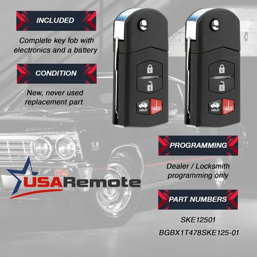 Vista 3 de Llavero compatible con Mazda MX-5 Miata/Mazda 3 / Mazda 6 Flip Keyless Entry Remote (BGBX1T478SKE125-01), juego de 2