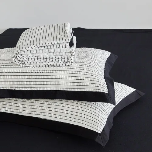 Vista 7 de SUSYBAO - Juego de funda de edredón de sirsaca a rayas blancas, 100% algodón, 3 piezas, 1 funda de edredón a rayas negras con lazos de cremallera, 2