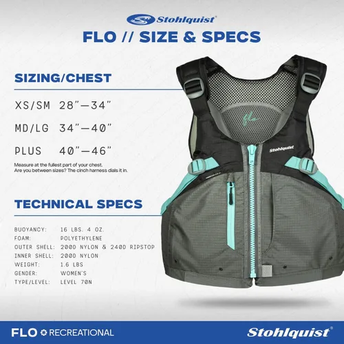 Vista 5 de Stohlquist Chaleco salvavidas PFD para mujer, 8 puntos de ajuste para un ajuste definitivo, carcasa exterior Ripstop, flotación de espalda alta Gris