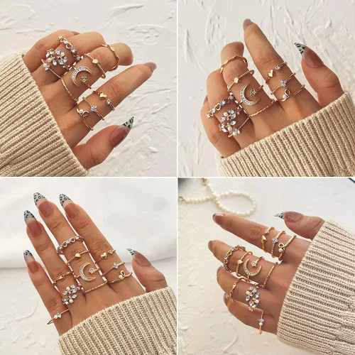 Vista 4 de KISS WIFE Juego de anillos apilables dorados para nudillos y estrellas de luna para mujeres y adolescentes, anillos apilables ligeros y bohemios