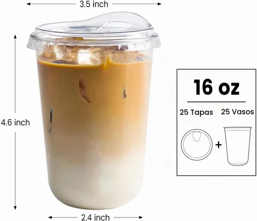 Vista 2 de Tazas de café de plástico transparente de 16 onzas con tapas para sorber, 25