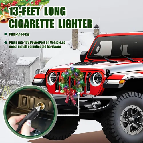 Vista 3 de Riceshoot Corona LED de Navidad para automóvil de 12 V con lazo rojo de bayas de 13 pulgadas, corona iluminada artificial para parrilla delantera
