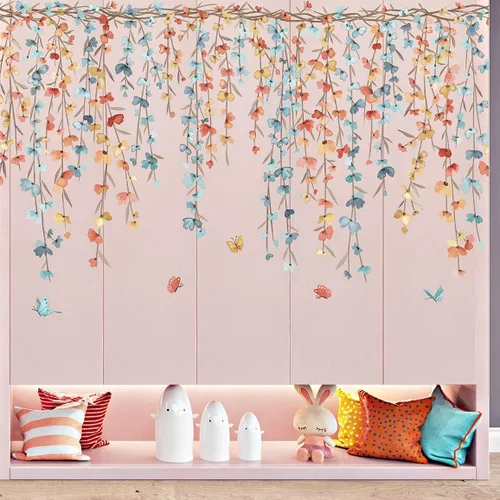 Vista 10 de Adhesivo de pared colgante, creativo, extraíble, DIY, de flores púrpuras y enredaderas, con algunas mariposas voladoras, adhesivo de vinilo